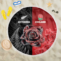 New Zealand And England Rugby Beach Blanket Red Rose Mix Maori Pattern LT05 One Size 150cm Black - Polynesian Pride