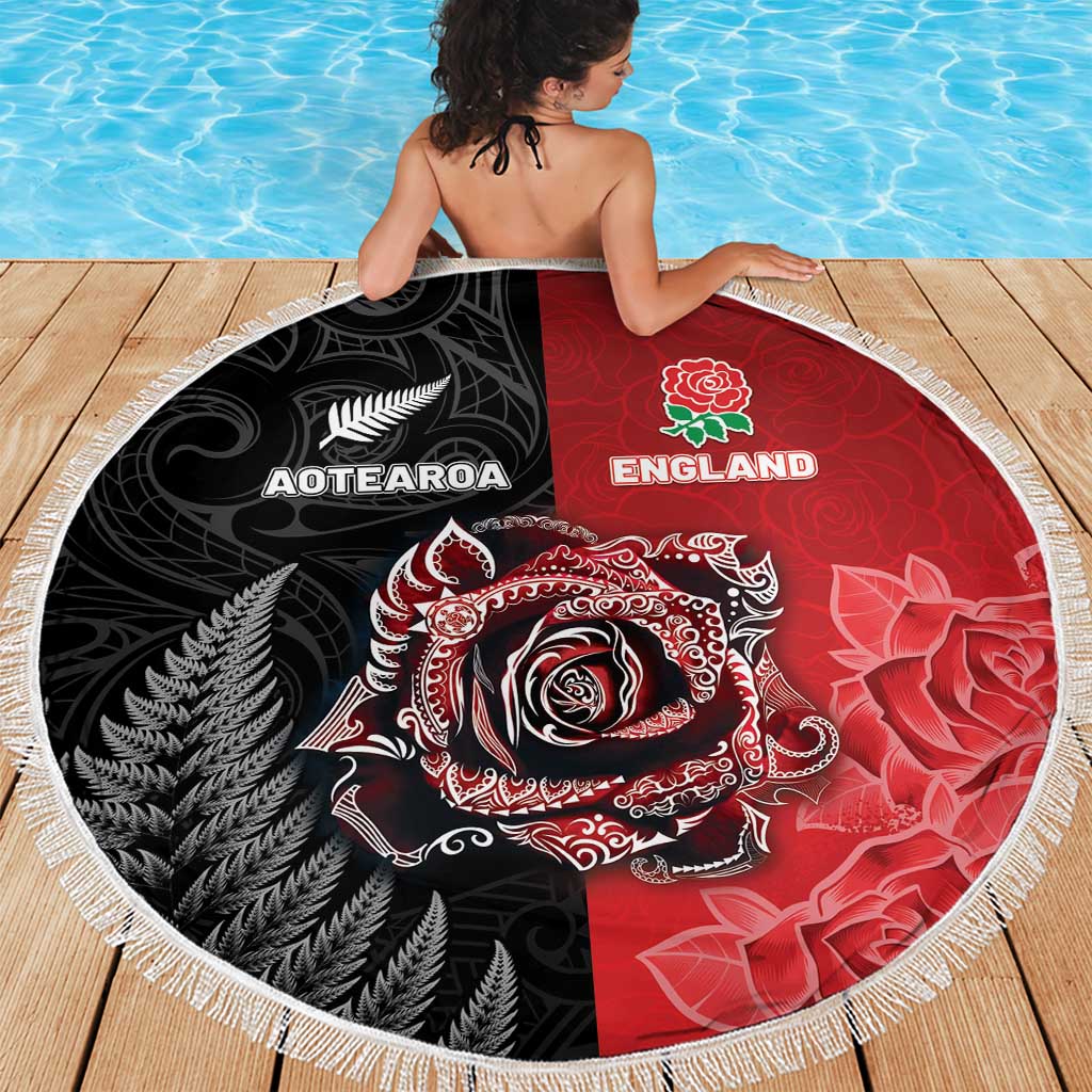 New Zealand And England Rugby Beach Blanket Red Rose Mix Maori Pattern LT05 - Polynesian Pride