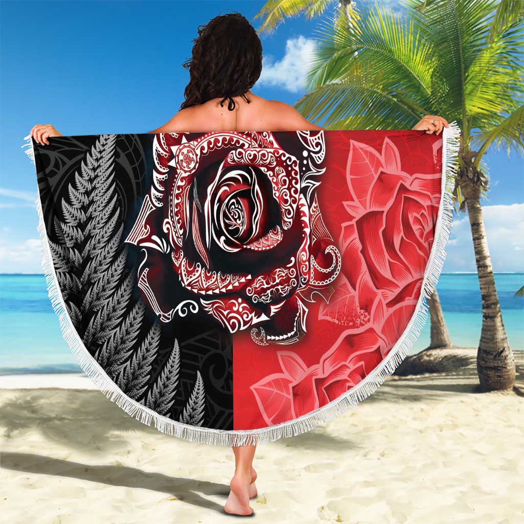 New Zealand And England Rugby Beach Blanket Red Rose Mix Maori Pattern LT05 - Polynesian Pride