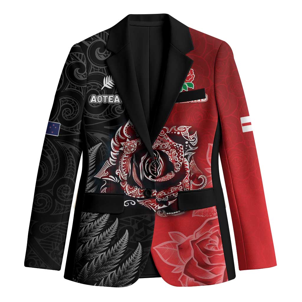 New Zealand And England Rugby Custom Blazer Red Rose Mix Maori Pattern - Polynesian Pride