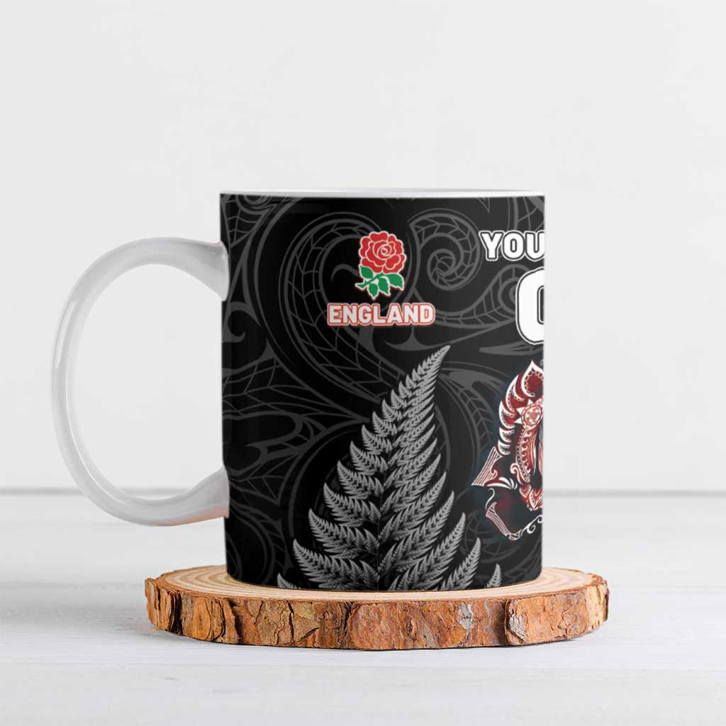 New Zealand And England Rugby Custom Ceramic Mug Red Rose Mix Maori Pattern LT05 Black - Polynesian Pride