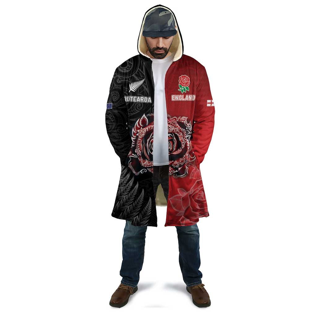 New Zealand And England Rugby Custom Cloak Red Rose Mix Maori Pattern - Polynesian Pride