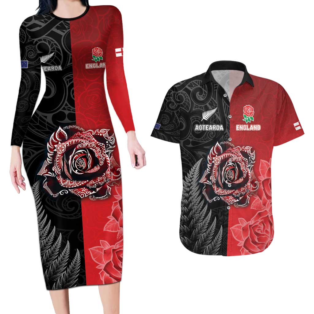 New Zealand And England Rugby Custom Couples Matching Long Sleeve Bodycon Dress and Hawaiian Shirt Red Rose Mix Maori Pattern - Polynesian Pride