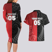 New Zealand And England Rugby Custom Couples Matching Long Sleeve Bodycon Dress and Hawaiian Shirt Red Rose Mix Maori Pattern - Polynesian Pride