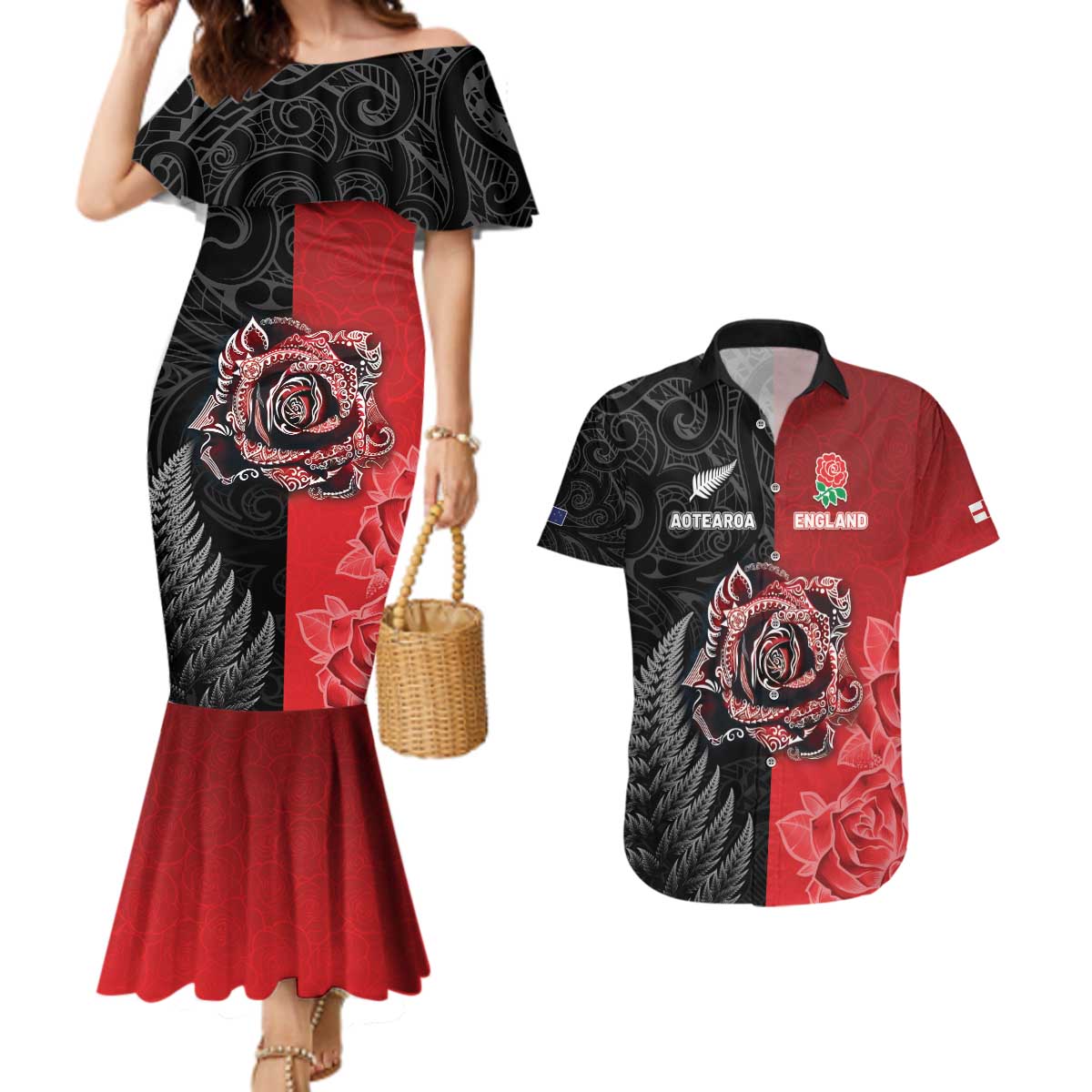 New Zealand And England Rugby Custom Couples Matching Mermaid Dress and Hawaiian Shirt Red Rose Mix Maori Pattern - Polynesian Pride