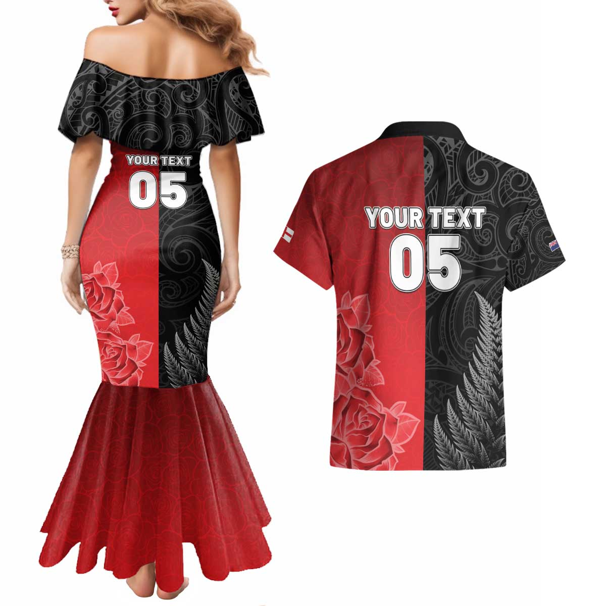 New Zealand And England Rugby Custom Couples Matching Mermaid Dress and Hawaiian Shirt Red Rose Mix Maori Pattern - Polynesian Pride