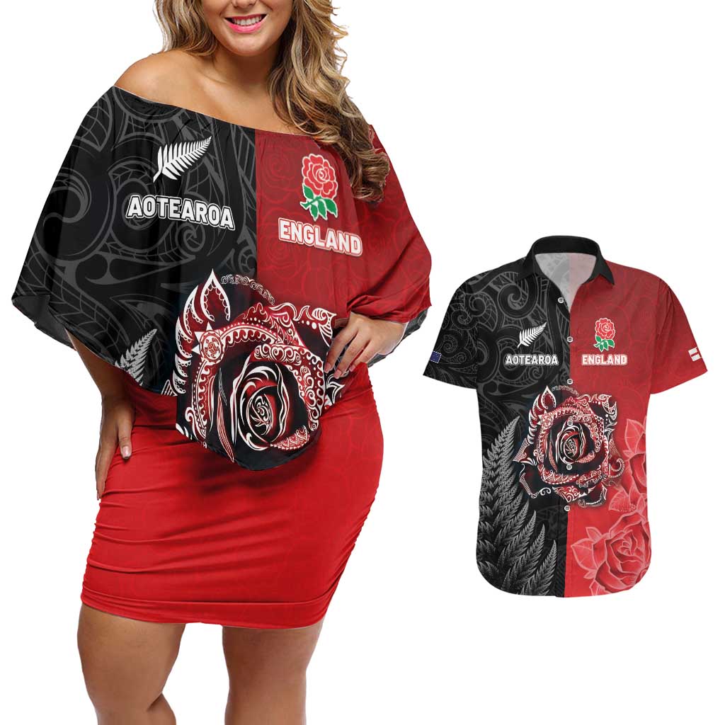 New Zealand And England Rugby Custom Couples Matching Off Shoulder Short Dress and Hawaiian Shirt Red Rose Mix Maori Pattern - Polynesian Pride