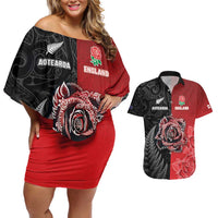 New Zealand And England Rugby Custom Couples Matching Off Shoulder Short Dress and Hawaiian Shirt Red Rose Mix Maori Pattern - Polynesian Pride