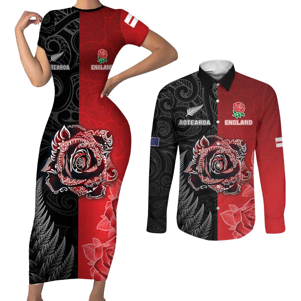 New Zealand And England Rugby Custom Couples Matching Short Sleeve Bodycon Dress and Long Sleeve Button Shirt Red Rose Mix Maori Pattern - Polynesian Pride