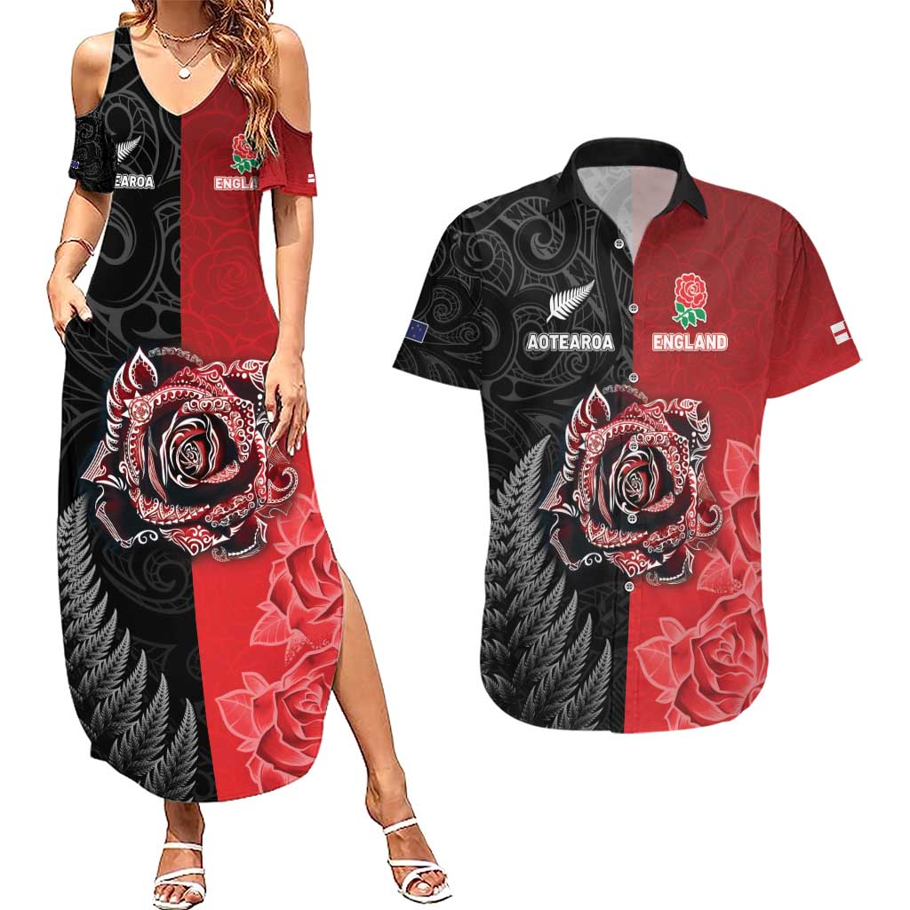 New Zealand And England Rugby Custom Couples Matching Summer Maxi Dress and Hawaiian Shirt Red Rose Mix Maori Pattern - Polynesian Pride