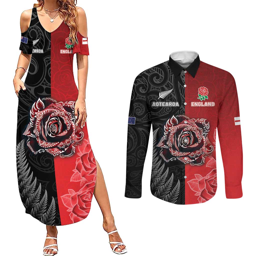 New Zealand And England Rugby Custom Couples Matching Summer Maxi Dress and Long Sleeve Button Shirt Red Rose Mix Maori Pattern - Polynesian Pride