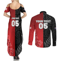 New Zealand And England Rugby Custom Couples Matching Summer Maxi Dress and Long Sleeve Button Shirt Red Rose Mix Maori Pattern LT05 - Polynesian Pride