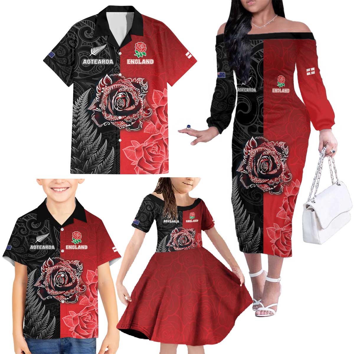 New Zealand And England Rugby Custom Family Matching Off The Shoulder Long Sleeve Dress and Hawaiian Shirt Red Rose Mix Maori Pattern - Polynesian Pride