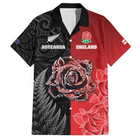 New Zealand And England Rugby Custom Family Matching Off The Shoulder Long Sleeve Dress and Hawaiian Shirt Red Rose Mix Maori Pattern - Polynesian Pride