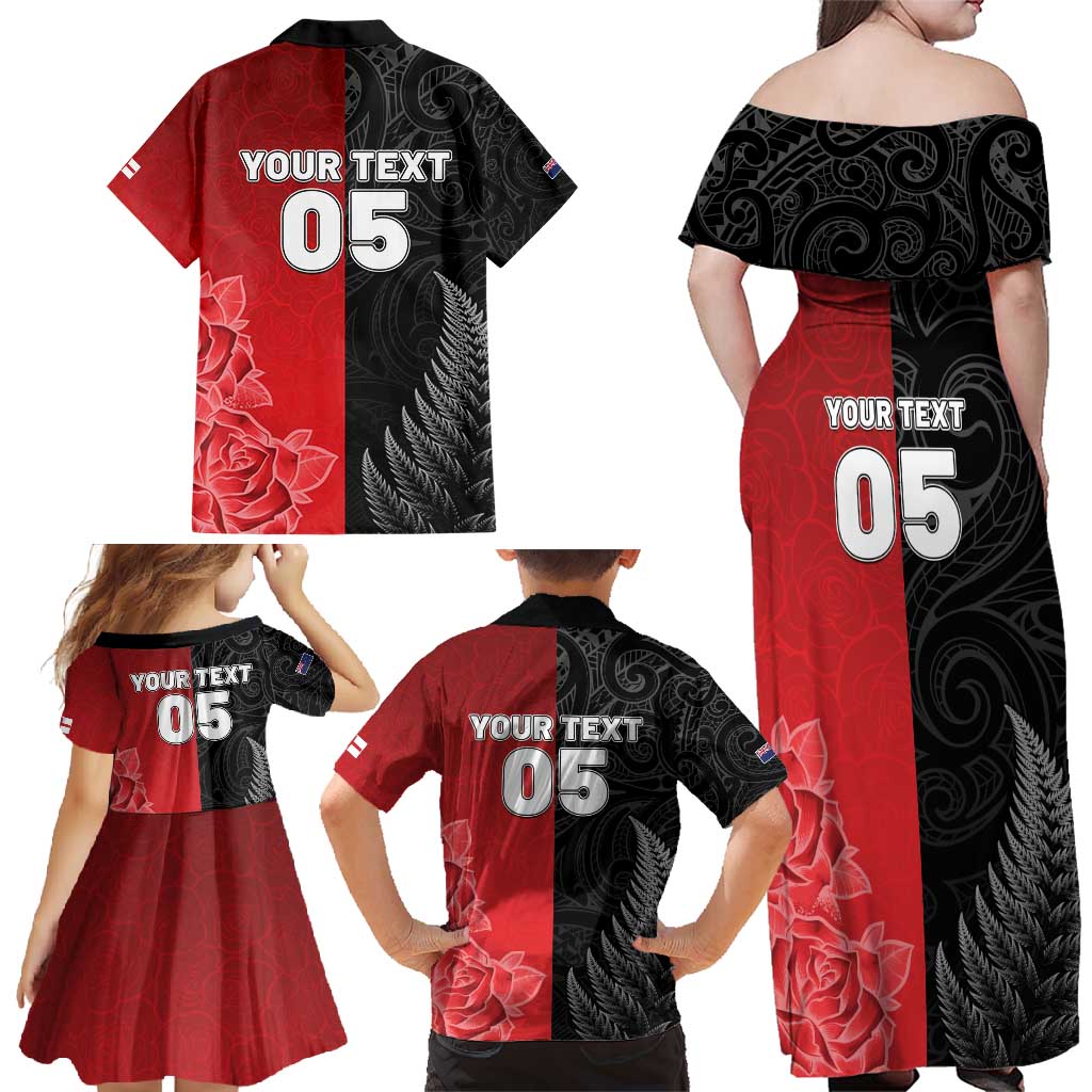 New Zealand And England Rugby Custom Family Matching Off Shoulder Maxi Dress and Hawaiian Shirt Red Rose Mix Maori Pattern - Polynesian Pride