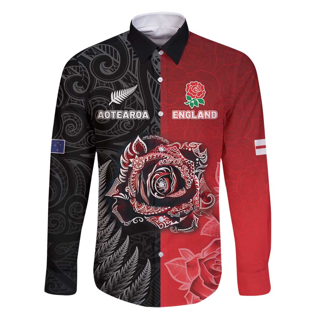 New Zealand And England Rugby Custom Family Matching Off Shoulder Maxi Dress and Hawaiian Shirt Red Rose Mix Maori Pattern - Polynesian Pride