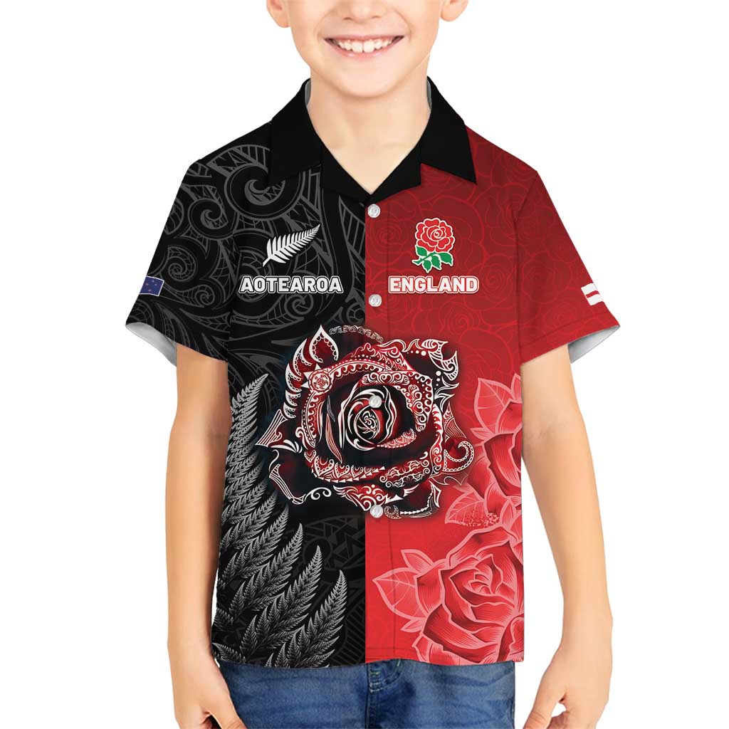 New Zealand And England Rugby Custom Family Matching Off Shoulder Maxi Dress and Hawaiian Shirt Red Rose Mix Maori Pattern - Polynesian Pride