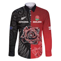 New Zealand And England Rugby Custom Family Matching Off Shoulder Short Dress and Hawaiian Shirt Red Rose Mix Maori Pattern - Polynesian Pride