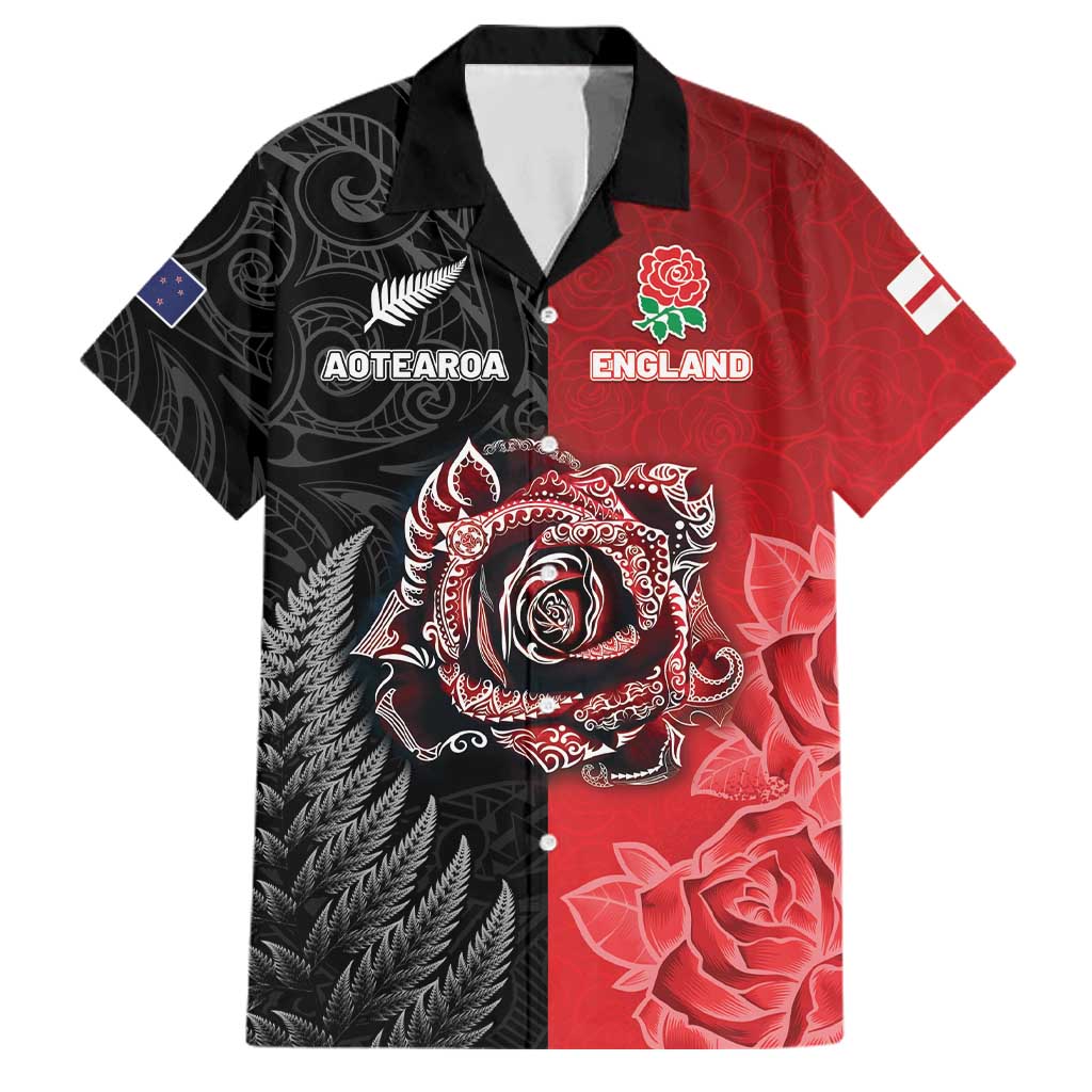 New Zealand And England Rugby Custom Family Matching Puletasi and Hawaiian Shirt Red Rose Mix Maori Pattern - Polynesian Pride