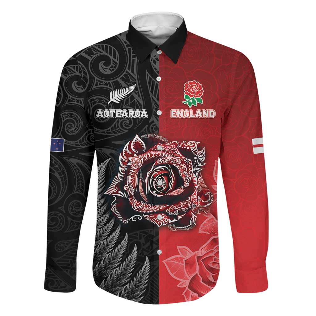 New Zealand And England Rugby Custom Family Matching Puletasi and Hawaiian Shirt Red Rose Mix Maori Pattern - Polynesian Pride
