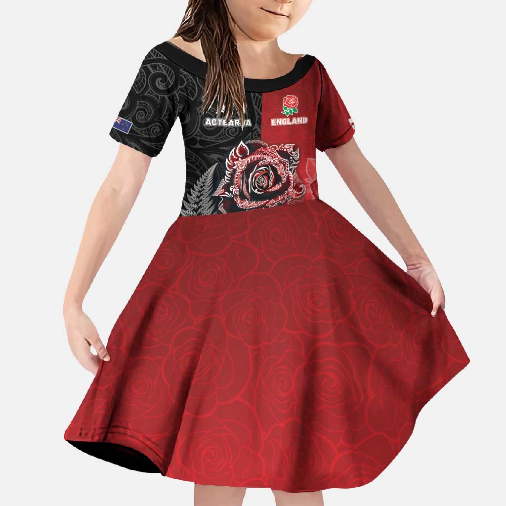New Zealand And England Rugby Custom Family Matching Short Sleeve Bodycon Dress and Hawaiian Shirt Red Rose Mix Maori Pattern - Polynesian Pride