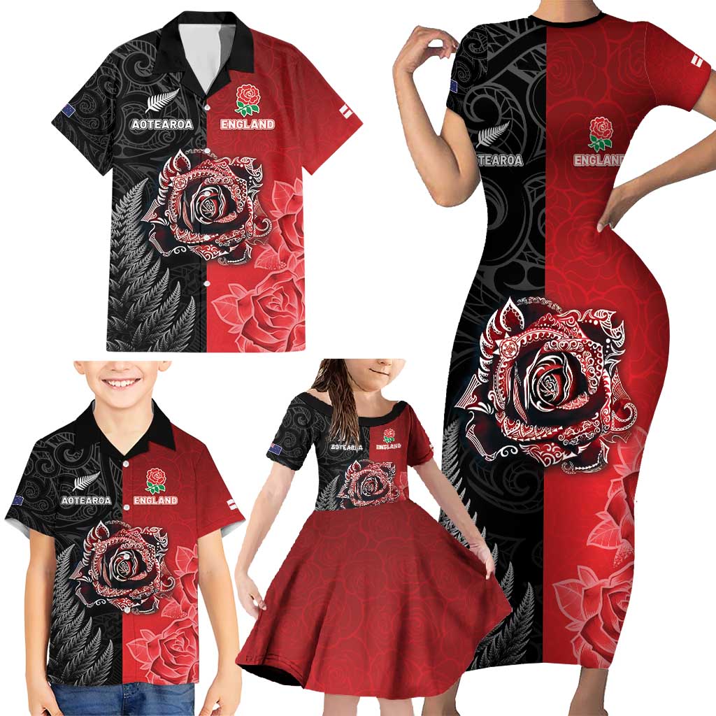 New Zealand And England Rugby Custom Family Matching Short Sleeve Bodycon Dress and Hawaiian Shirt Red Rose Mix Maori Pattern - Polynesian Pride