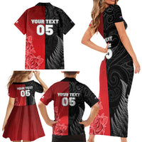 New Zealand And England Rugby Custom Family Matching Short Sleeve Bodycon Dress and Hawaiian Shirt Red Rose Mix Maori Pattern - Polynesian Pride