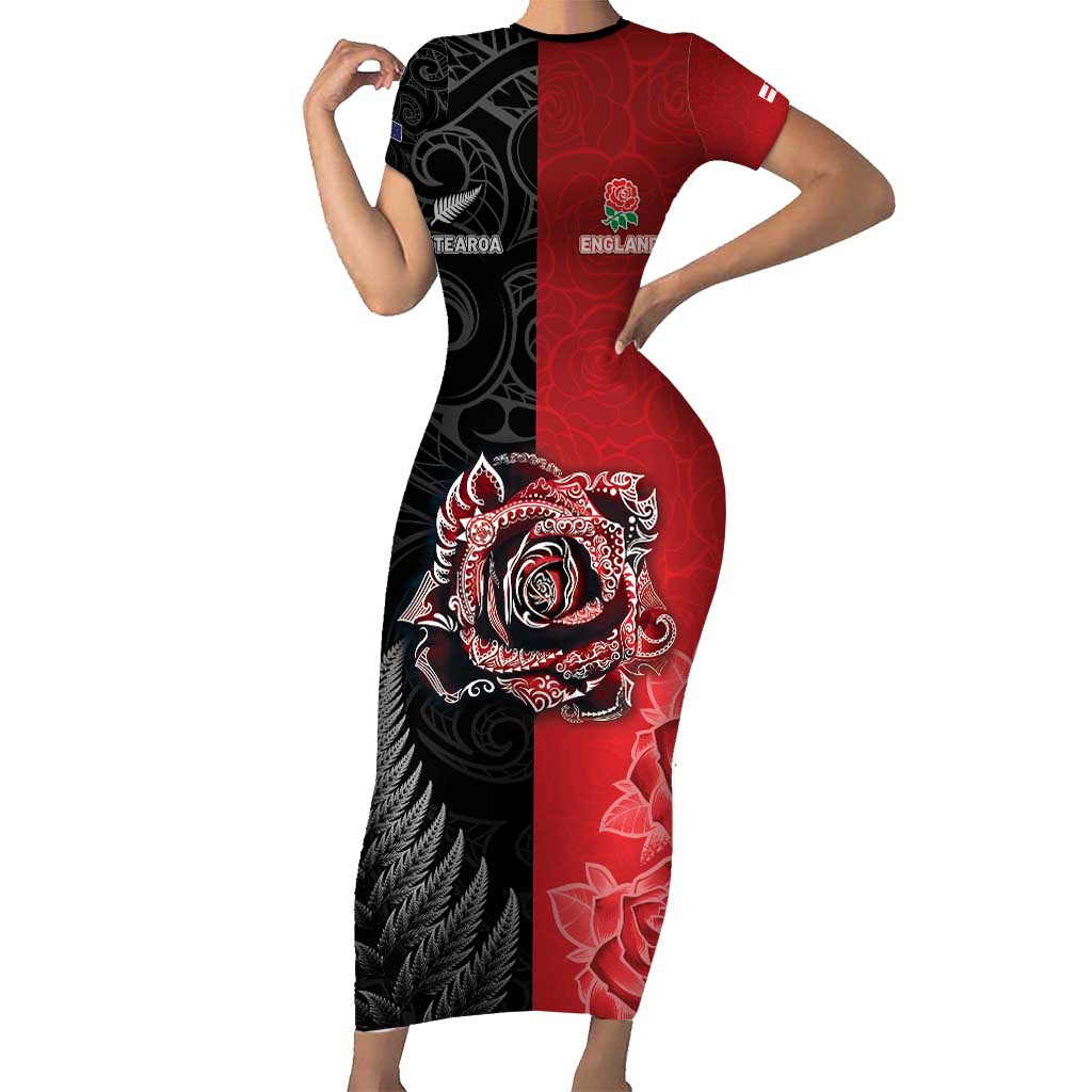 New Zealand And England Rugby Custom Family Matching Short Sleeve Bodycon Dress and Hawaiian Shirt Red Rose Mix Maori Pattern - Polynesian Pride