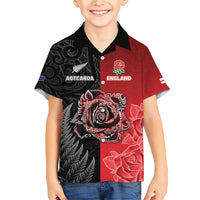 New Zealand And England Rugby Custom Family Matching Short Sleeve Bodycon Dress and Hawaiian Shirt Red Rose Mix Maori Pattern - Polynesian Pride