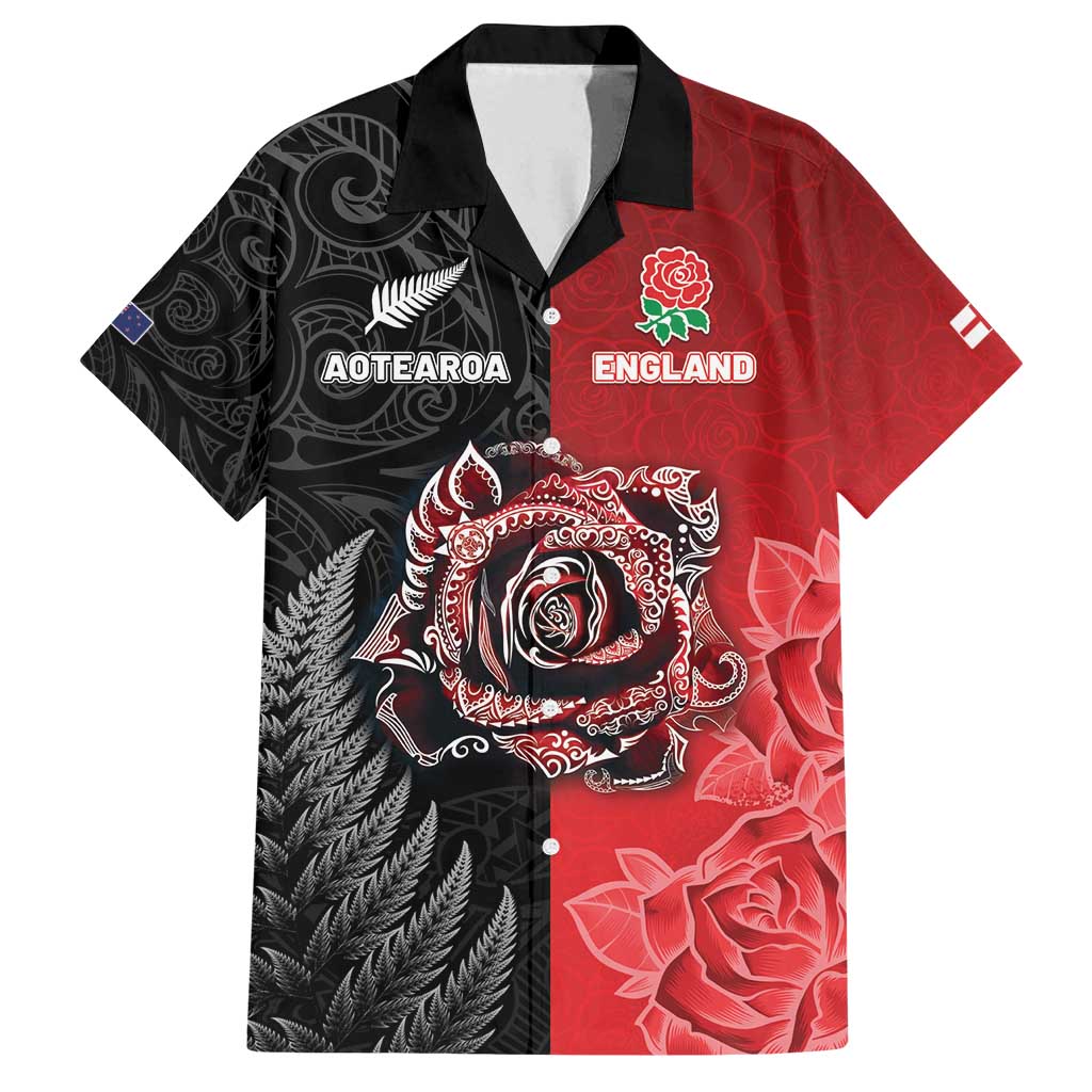 New Zealand And England Rugby Custom Family Matching Summer Maxi Dress and Hawaiian Shirt Red Rose Mix Maori Pattern - Polynesian Pride