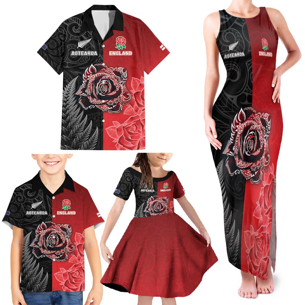 New Zealand And England Rugby Custom Family Matching Tank Maxi Dress and Hawaiian Shirt Red Rose Mix Maori Pattern - Polynesian Pride