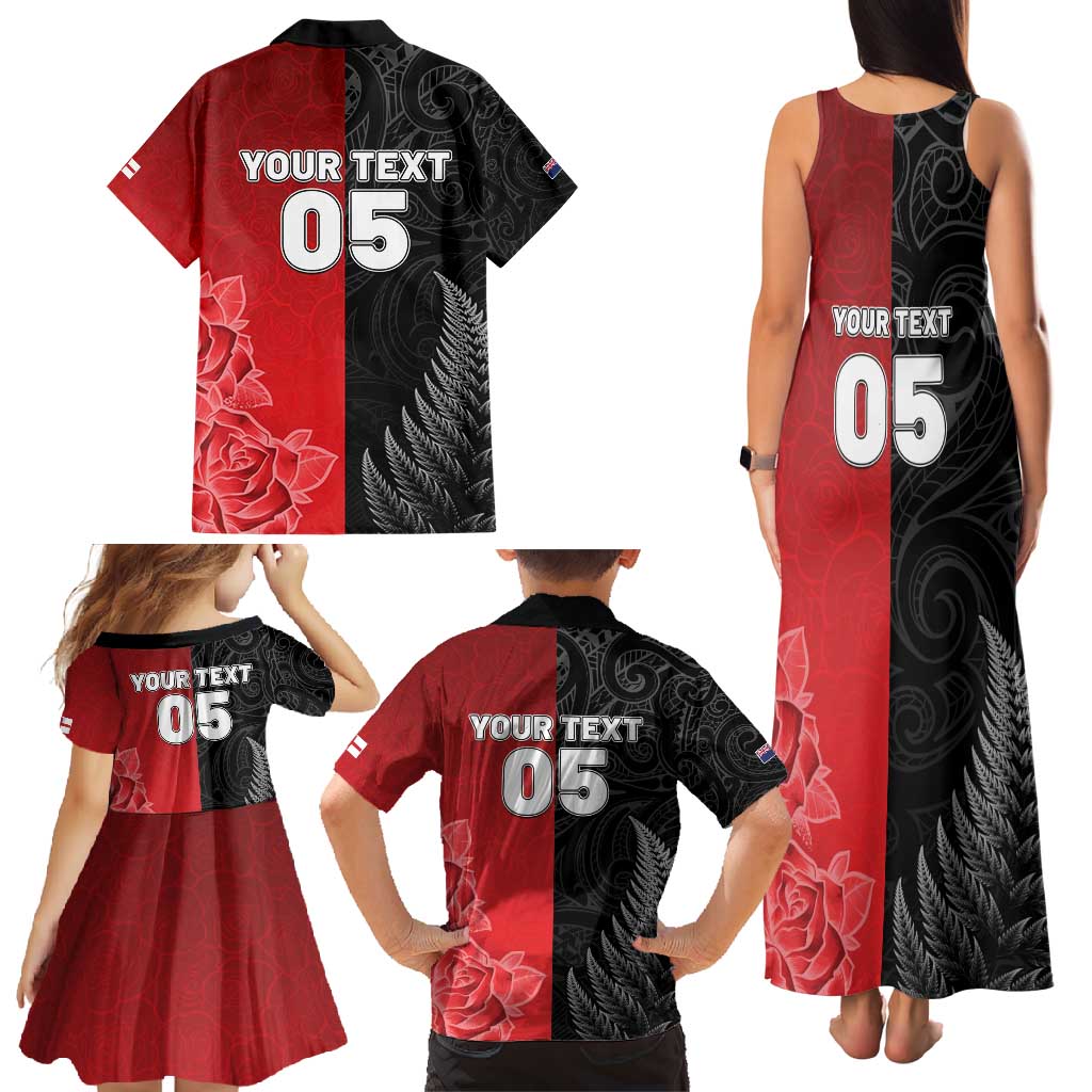 New Zealand And England Rugby Custom Family Matching Tank Maxi Dress and Hawaiian Shirt Red Rose Mix Maori Pattern - Polynesian Pride