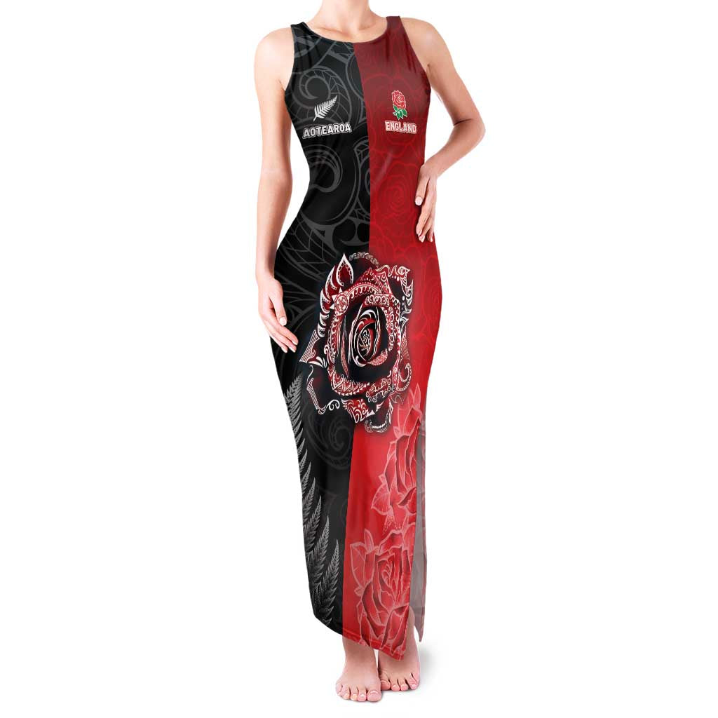 New Zealand And England Rugby Custom Family Matching Tank Maxi Dress and Hawaiian Shirt Red Rose Mix Maori Pattern - Polynesian Pride