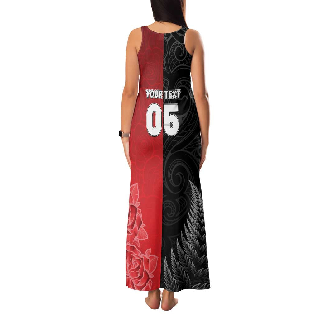 New Zealand And England Rugby Custom Family Matching Tank Maxi Dress and Hawaiian Shirt Red Rose Mix Maori Pattern - Polynesian Pride
