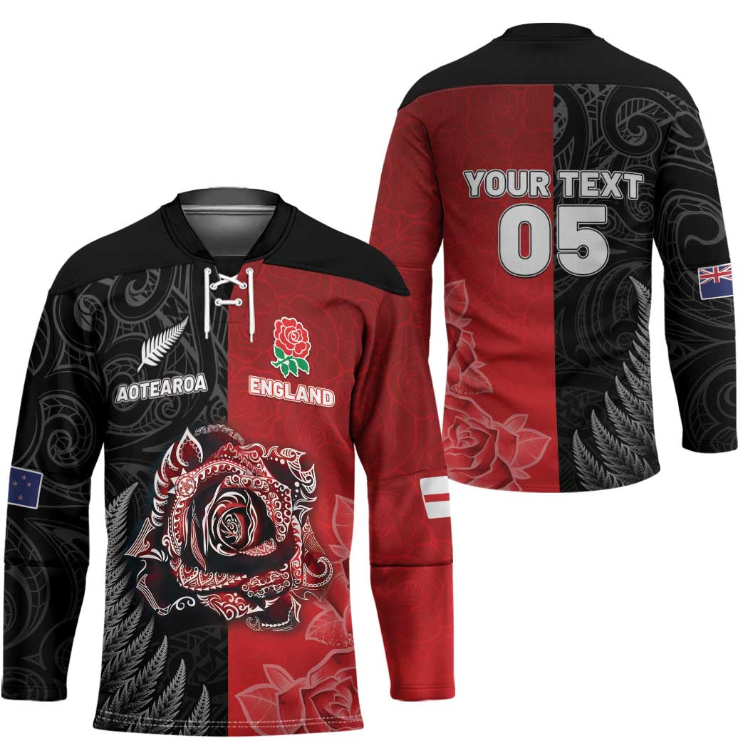 New Zealand And England Rugby Custom Hockey Jersey Red Rose Mix Maori Pattern - Polynesian Pride