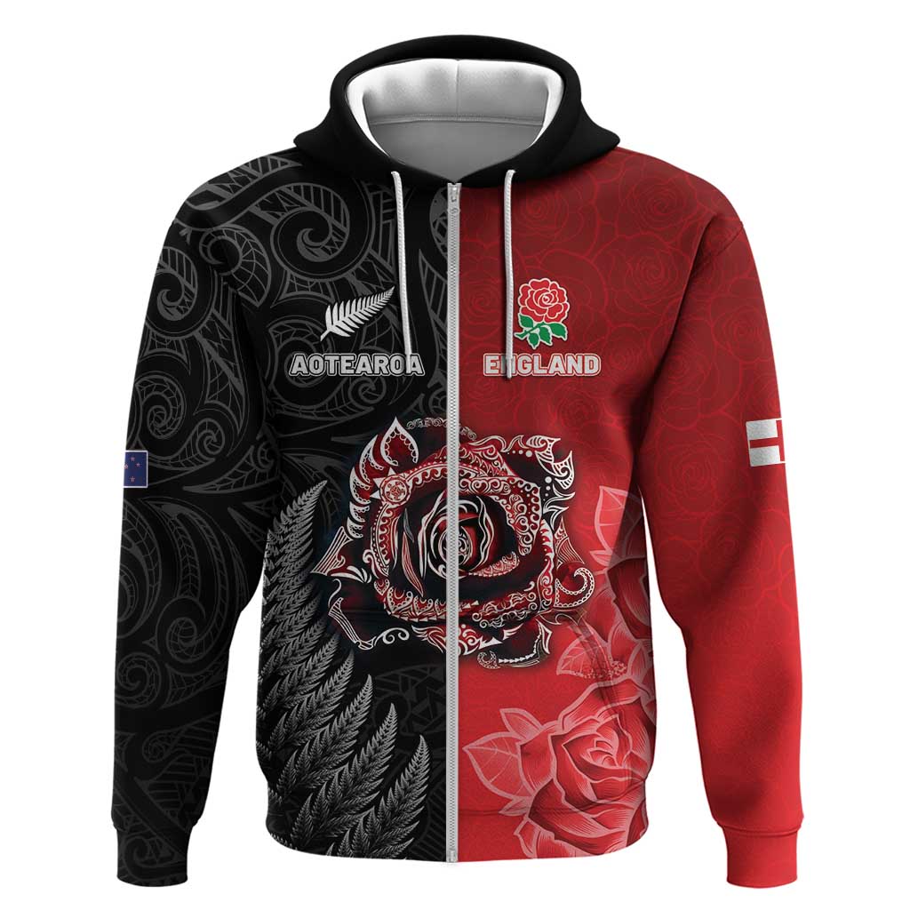 New Zealand And England Rugby Custom Hoodie Red Rose Mix Maori Pattern LT05 Zip Hoodie Black - Polynesian Pride