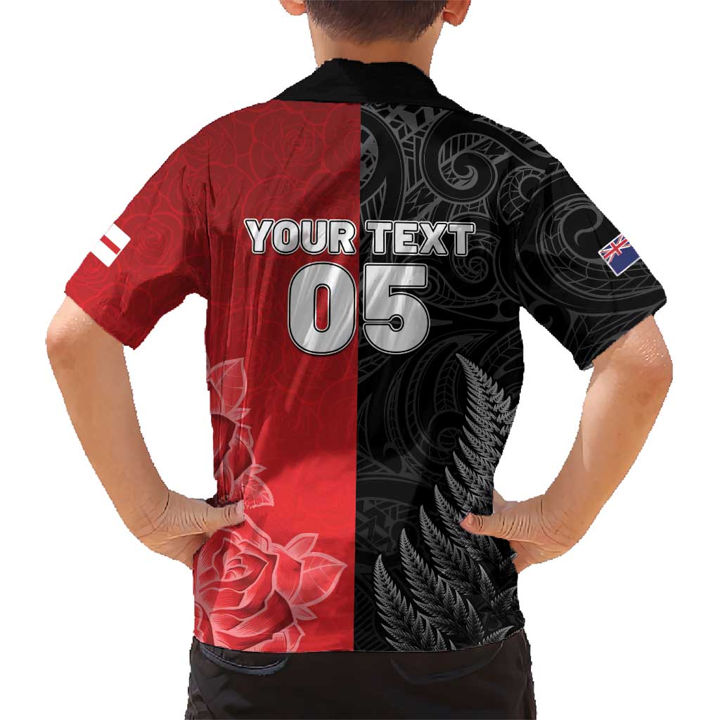 New Zealand And England Rugby Custom Kid Hawaiian Shirt Red Rose Mix Maori Pattern - Polynesian Pride