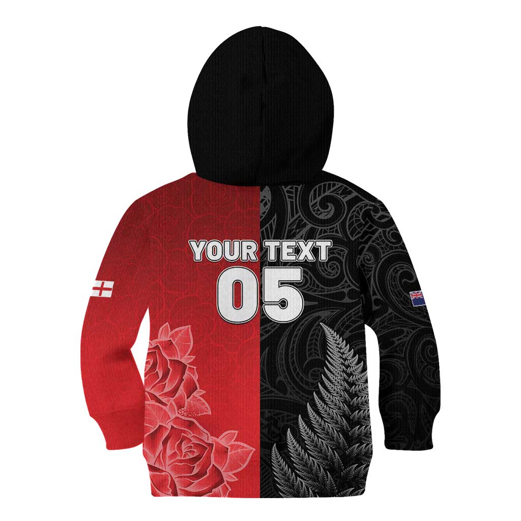 New Zealand And England Rugby Custom Kid Hoodie Red Rose Mix Maori Pattern - Polynesian Pride