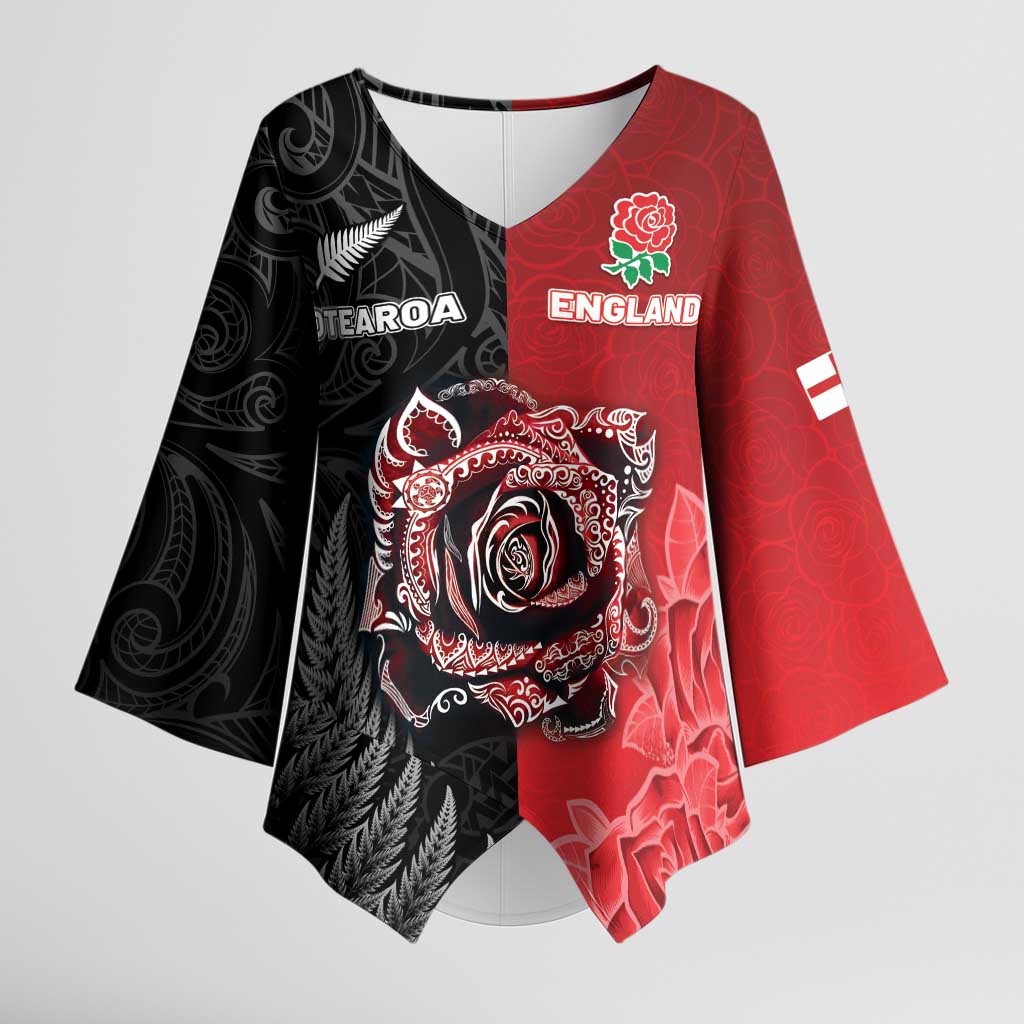 New Zealand And England Rugby Custom Kimono Sleeve Blouse Red Rose Mix Maori Pattern - Polynesian Pride