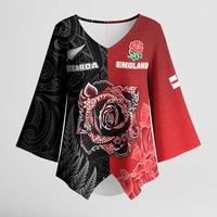 New Zealand And England Rugby Custom Kimono Sleeve Blouse Red Rose Mix Maori Pattern - Polynesian Pride