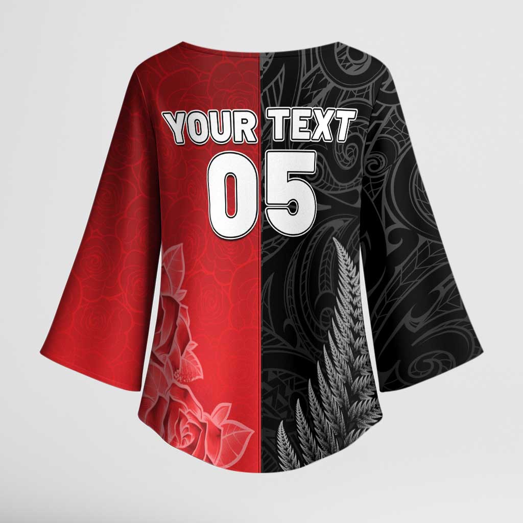 New Zealand And England Rugby Custom Kimono Sleeve Blouse Red Rose Mix Maori Pattern - Polynesian Pride