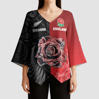 New Zealand And England Rugby Custom Kimono Sleeve Blouse Red Rose Mix Maori Pattern - Polynesian Pride