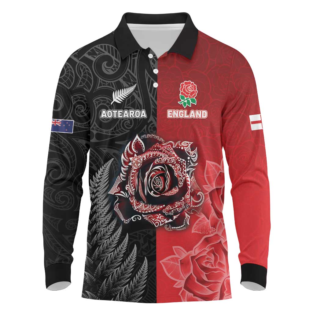 New Zealand And England Rugby Custom Long Sleeve Polo Shirt Red Rose Mix Maori Pattern - Polynesian Pride