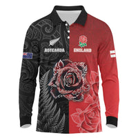 New Zealand And England Rugby Custom Long Sleeve Polo Shirt Red Rose Mix Maori Pattern - Polynesian Pride