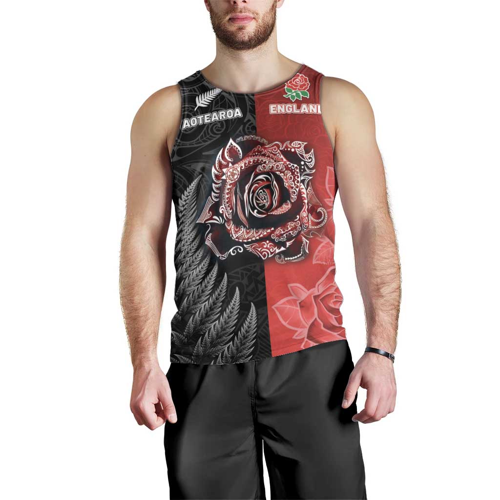 New Zealand And England Rugby Custom Men Tank Top Red Rose Mix Maori Pattern LT05 - Polynesian Pride