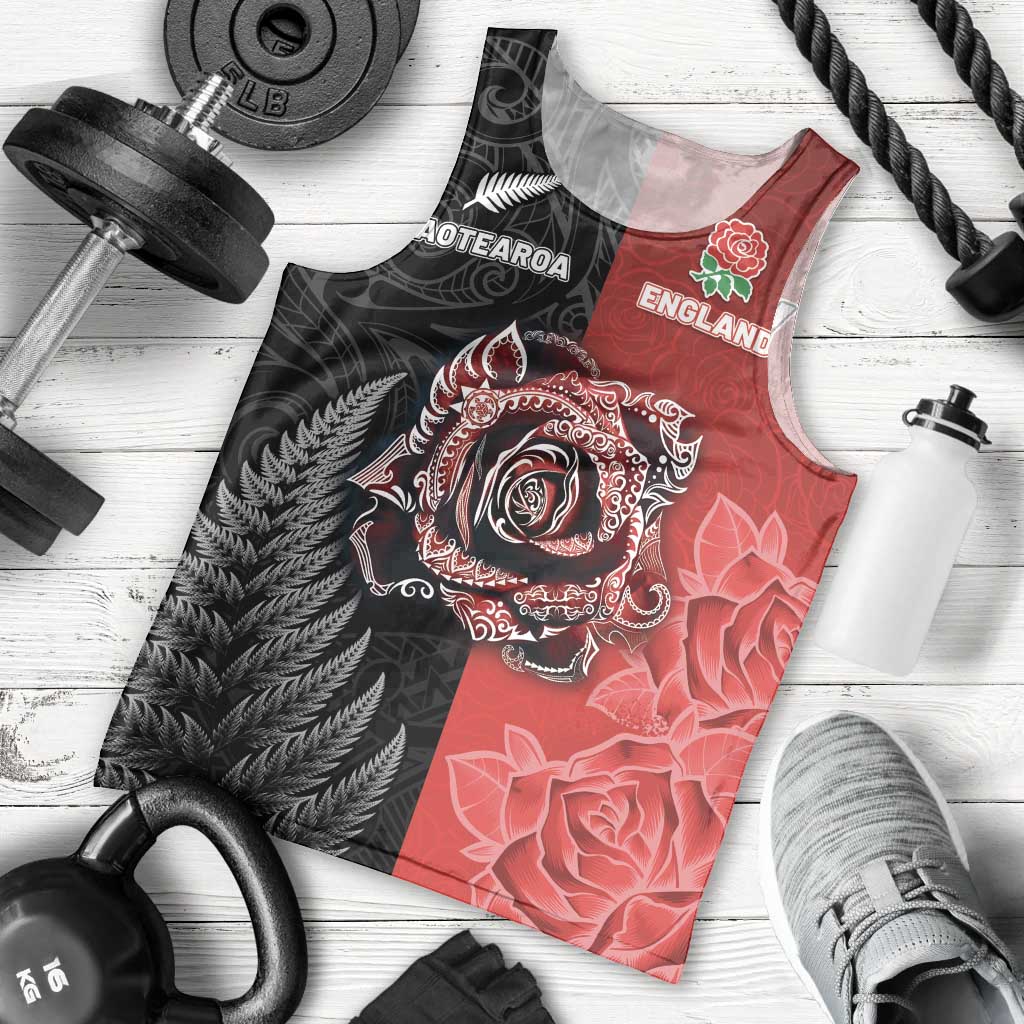 New Zealand And England Rugby Custom Men Tank Top Red Rose Mix Maori Pattern LT05 - Polynesian Pride