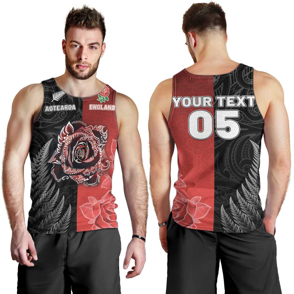 New Zealand And England Rugby Custom Men Tank Top Red Rose Mix Maori Pattern LT05 - Polynesian Pride