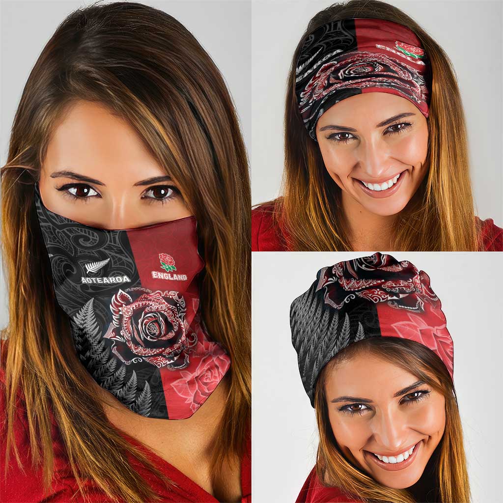 New Zealand And England Rugby Neck Gaiter Red Rose Mix Maori Pattern LT05 - Polynesian Pride