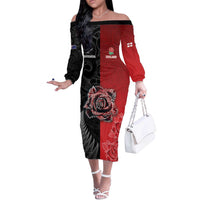 New Zealand And England Rugby Custom Off The Shoulder Long Sleeve Dress Red Rose Mix Maori Pattern LT05 Women Black - Polynesian Pride