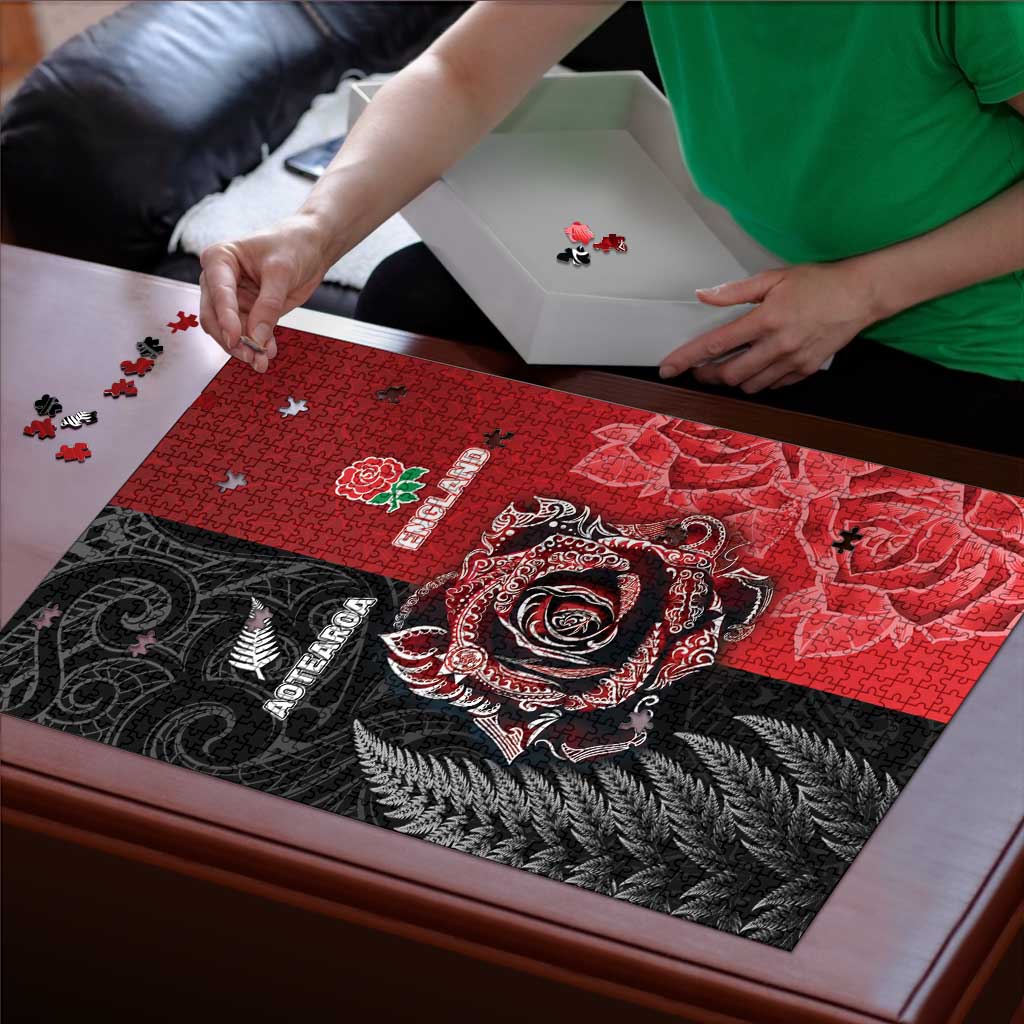 New Zealand And England Rugby Puzzle Red Rose Mix Maori Pattern LT05 - Polynesian Pride